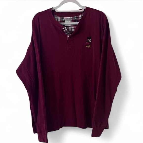 Disney Tops - Disney Mickey Mouse Burgundy Flannel Lined Henley Shirt XL Cotton